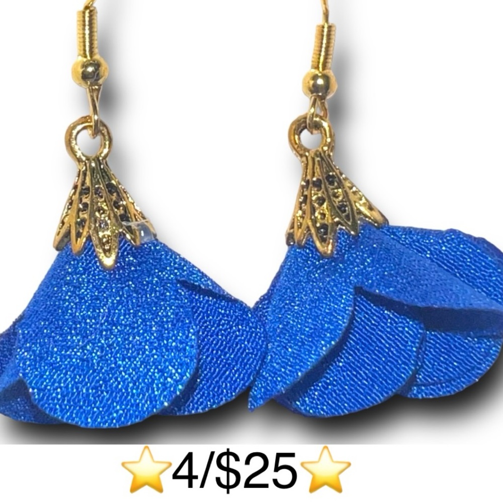 Handmade Royal Blue Flower Earrings with Gold Plated S925 Sterling Silver Hooks